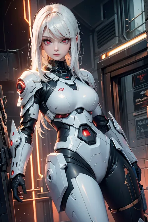 ((Cyberpunk women images))，Dynamic pose、(masterpiece:1.4, highest quality, Dutch Angle)(One girl, alone)（White hair that changes...