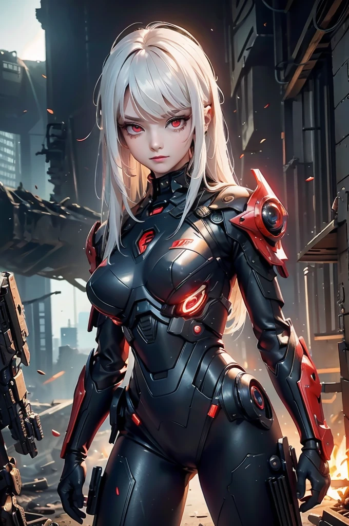 ((Cyberpunk women images))，Dynamic pose、(masterpiece:1.4, highest quality, Dutch Angle)(One girl, alone)（White hair that changes with the light、Smooth and straight hair、WHITE hair fluttering in the wind）、（beautiful, Glowing Skin、Cheek gloss highlighter、Sexy and very beautiful and adorable face、世界で最もbeautiful顔、big, Glowing red eyes）、（Cute 25 year old girl、Ample breasts、Narrow waist、Delicate shoulders、Perfect figure）（Overall dark、Abandoned futuristic city、End of the Century World、Traces of war、Caves、ruins）(Futuristic combat suit、Battle Armor、Highly decorated battle suit)（Close-up images、Close-up image）