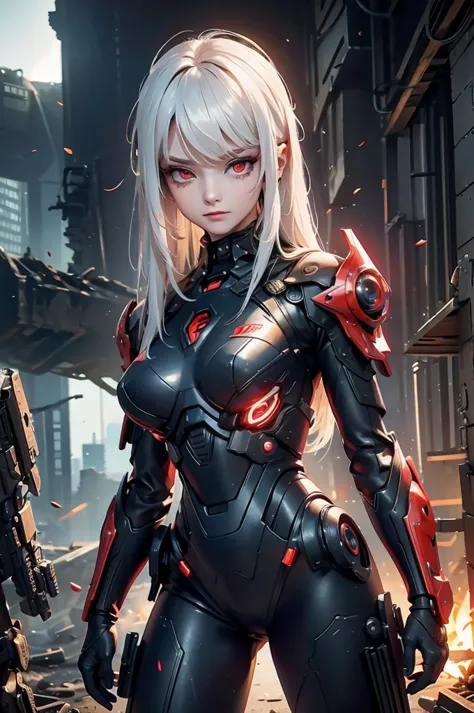 ((Cyberpunk women images))，Dynamic pose、(masterpiece:1.4, highest quality, Dutch Angle)(One girl, alone)（White hair that changes...