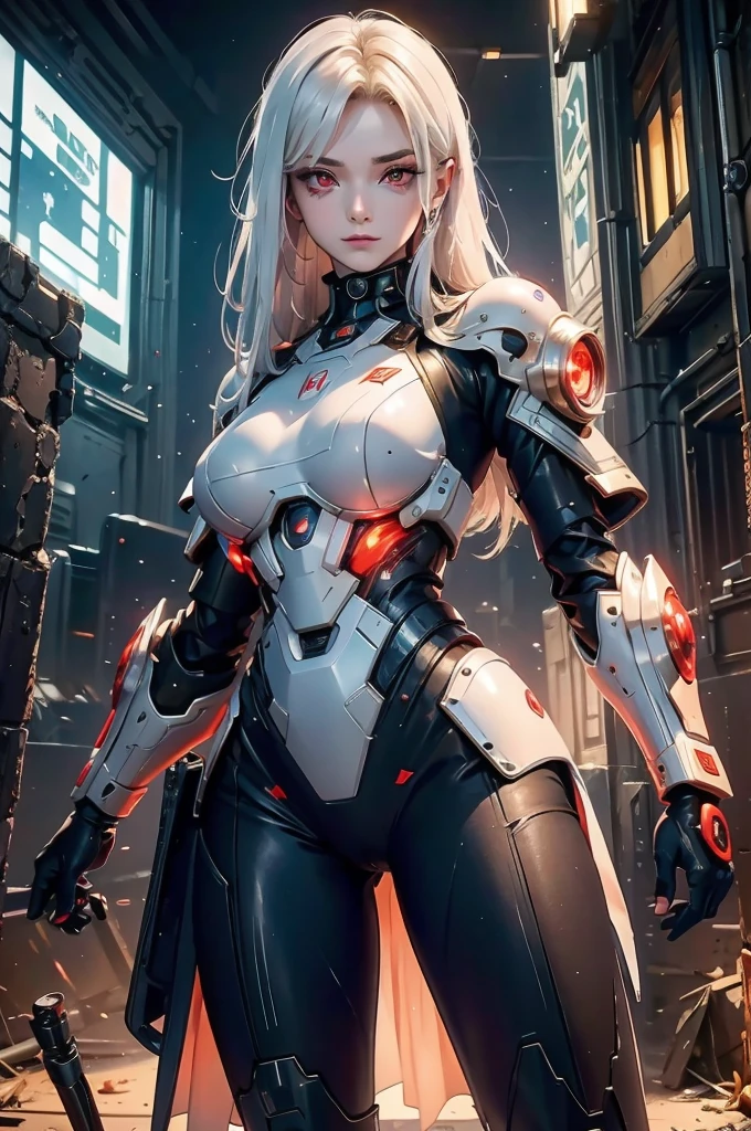 ((Images de femmes cyberpunk))，pose dynamique、(chef-d&#39;œuvre:1.4, la plus haute qualité, angle hollandais)(Une fille, seul)（Des cheveux blancs qui changent avec la lumière、Cheveux lisses et raides、Cheveux BLANCS flottant au vent）、（Beau, peau brillante、Surligneur brillant pour joues、Sexy and very Beau and adorable face、世界で最もBeau顔、grand, yeux rouges brillants）、（Jolie fille de 25 ans、seins amples、Taille fine、Épaules délicates、silhouette parfaite）（Globalement sombre、Ville futuriste abandonnée、Monde de la fin du siècle、Traces de guerre、grottes、ruines）(Combinaison de combat futuriste、armure de combat、Combinaison de combat hautement décorée)（image en gros plans、image en gros plan）