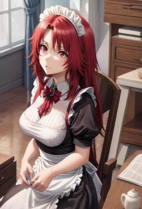 best quality, red hair,red eyes,masterpiece, highres, solo, (maid:1.40), (long maid dress:1.15), anime_style, 14
