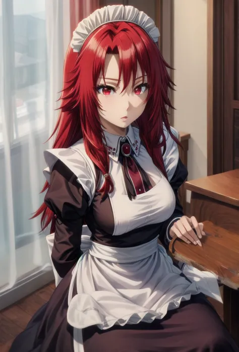 best quality, red hair,red eyes,masterpiece, highres, solo, (maid:1.40), (long maid dress:1.15), anime_style, 14
