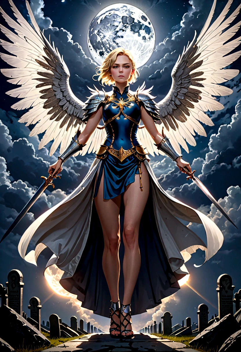 a model shot (taken from the rear: 1.5), 16K, ultra detailed, masterpiece, best quality, (extremely detailed), arafed, dnd art, portrait, full body, aasimar, female, (Masterpiece 1.3, intense details), female, paladin, holy warrior, spread large feathered wings, (wings sprouting from the back: 1.3), majestic wings, white angelic wings spread (Masterpiece, intense details: 1.5), moon light, moon, stars, clouds, holy symbol, armed with sword, short blond hair, dark fantasy cemetery background, anatomically correct (Masterpiece 1.3, intense details), angel_wings, determined face, god rays, cinematic lighting, glowing light, silhouette, from outside, photorealism, panoramic view (Masterpiece 1.3, intense details) , Wide-Angle, Ultra-Wide Angle, 16k, highres, best quality, high details, armored dress
