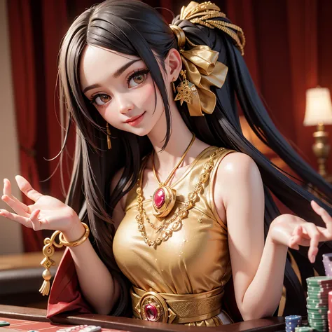 one girl, luxurious casino, elegant, opulent, card table, rich people, people playing cards in background, croupier, customer se...