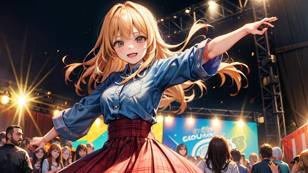 An anime-style illustration featuring a female character dancing to Bluegrass music. The character has long, flowing hair and is wearing a traditional bluegrass outfit with a plaid shirt, denim skirt, and cowboy boots. She is energetically dancing with a joyful expression. The background is a lively outdoor scene with a wooden stage, colorful banners, and a cheering crowd, capturing the energetic spirit of a bluegrass festival. The scene is vibrant and colorful, with detailed shading and gradients to add depth, and the character's eyes and facial expressions are emphasized to convey emotion.