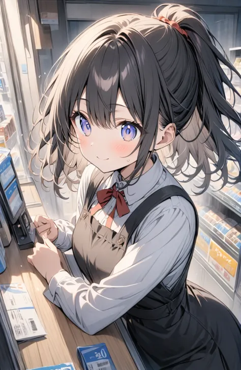 (masterpiece:1.2),(anime),Convenience store clerk、girl、cute、Black Hair、ponytail、Cashier、Japanese