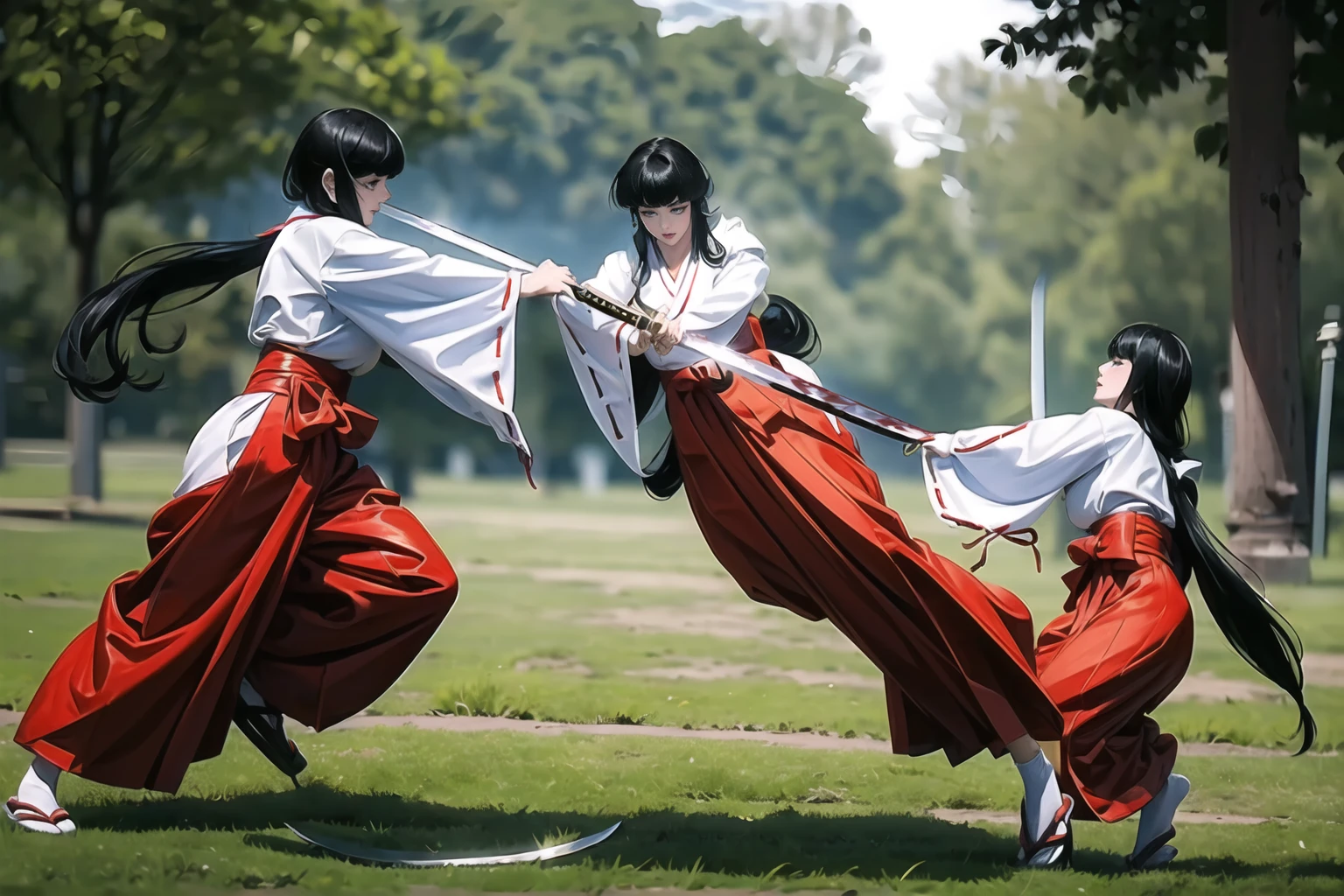 (最好的品質, 傑作, 高解析度, 女武士與女武士在竹林裡自相殘殺), ((流汗:1.1)), (((用劍殺死女武士))), (兩個年輕女子), ((面對面: 1.2)), 獨自的, 黑髮, 長髮, 紫色的眼睛, 姬切, 日本衣服, 巫女, 持有武器, 武士刀, 常設, 戶外, 全身, angry expression 分數_9, 分數_8_向上, 分數_7_向上, 分數_6_向上, 分數_5_向上, 分數_4_向上, 中斷來源_日本卡通, 傑作, (乳頭直立), (血: 1.2), (邪惡的: 1.1), 女武士風格, 和服, ((振袖)), 也紅色, (wearing 也紅色: 1.5), ((和服 covered breasts)), (白色分趾襪及踝襪: 1.3), 非常大的乳房, 黑髮, 也紅色 wide pants, 也紅色 pleated pants, 揮劍, (血 flowing: 1.2), (血 splatter: 1.2), ((互相殘殺, 武士刀決鬥))