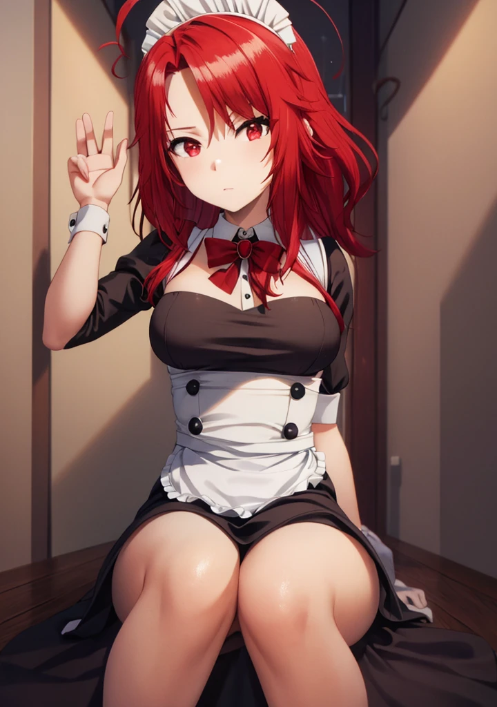 best quality, red hair,red eyes,masterpiece, highres, solo, (maid:1.40), (long maid dress:1.15), anime_style, 14
