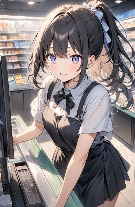 (masterpiece:1.2),(anime),Convenience store clerk、girl、cute、Black Hair、ponytail、Cashier、Japanese