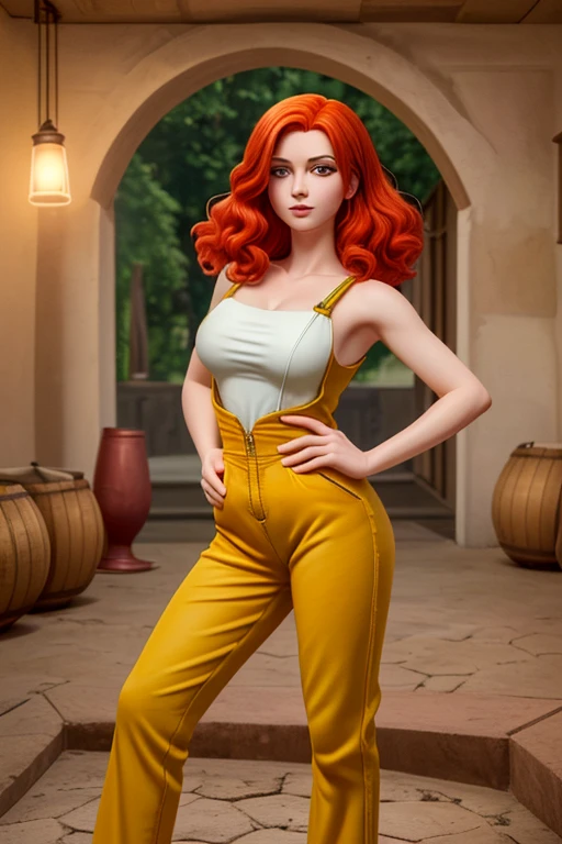 1 garota,38 anos de idade red hair ,jumpsuit,cor wine, recorte decote, Obra de arte, realista, high resolution, alta qualidade, mais alta qualidade, melhor qualidade, ultra detalhado, extremamente detalhado
