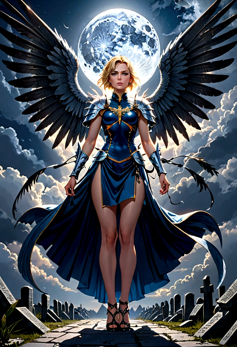 (a model shot taken from the rear: 1.5), 16K, ultra detailed, masterpiece, best quality, (extremely detailed), arafed, dnd art, portrait, full body, aasimar, female, (Masterpiece 1.3, intense details), female, paladin, holy warrior, spread large feathered wings, (wings sprouting from the back: 1.3), majestic wings, white angelic wings spread (Masterpiece, intense details: 1.5), moon light, moon, stars, clouds, holy symbol, armed with sword, short blond hair, dark fantasy cemetery background, anatomically correct (Masterpiece 1.3, intense details), angel_wings, determined face, god rays, cinematic lighting, glowing light, silhouette, from outside, photorealism, panoramic view (Masterpiece 1.3, intense details) , Wide-Angle, Ultra-Wide Angle, 16k, highres, best quality, high details, armored dress
