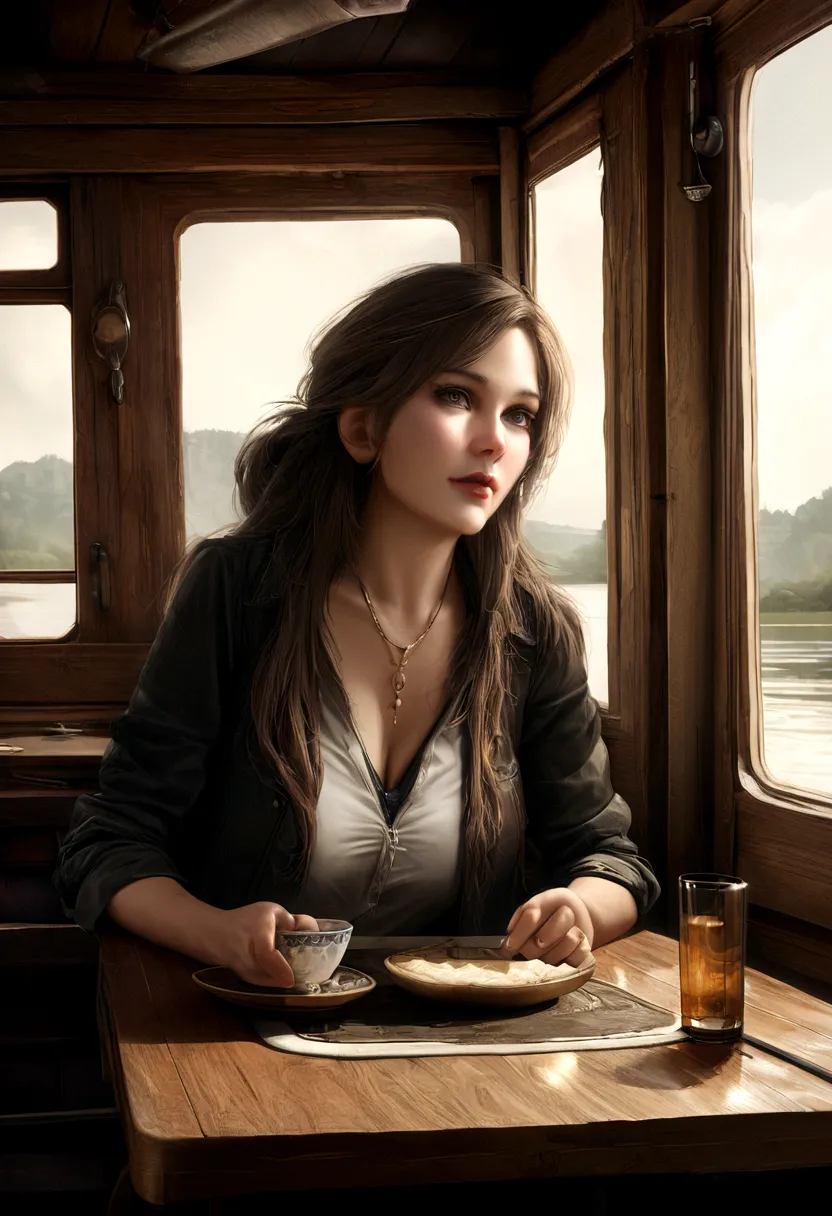 Femme brune, ultra-realistic, bière madison visage, on a houseboat, sur la tour effeile, trait du visage fin, jambe fine, A table , Ultra realistic settings