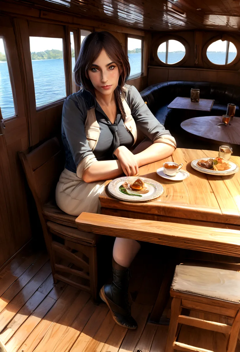 Femme brune, ultra-realistic, bière madison visage, on a houseboat, sur la tour effeile, trait du visage fin, jambe fine, A table , Ultra realistic settings