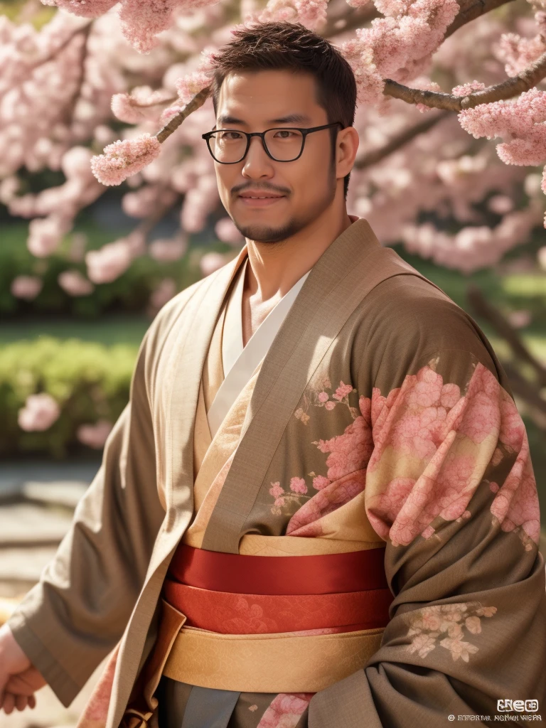 An award-winning original photo，a handsome 38-year-old man, crew cut, (((full body))), (((landscape))), mature man, [slightly fat], asian man, brown eyes, rounded face, glasses, slightly balding, 1boy, Solo, (big shoulders), (((stubbles, Short beard))), (((full beard))), (Beautiful eyes:1.3), (Detailed face:1.3), wearing glasses, Dynamic Angle, volumetric lighting, (Best quality, A high resolution, Photorealistic), Cinematic lighting, Masterpiece, RAW photo, Intricate details, (extremely detailed 8k wallpaper), masterpiece 16k photo, traditional kimono for man, sakura petals flow with the wind, raise the japanese wine cup under sakura tree, cheers,