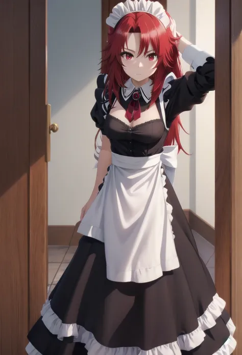 best quality, red hair,red eyes,masterpiece, highres, solo, (maid:1.40), (long maid dress:1.15), anime_style, 14
