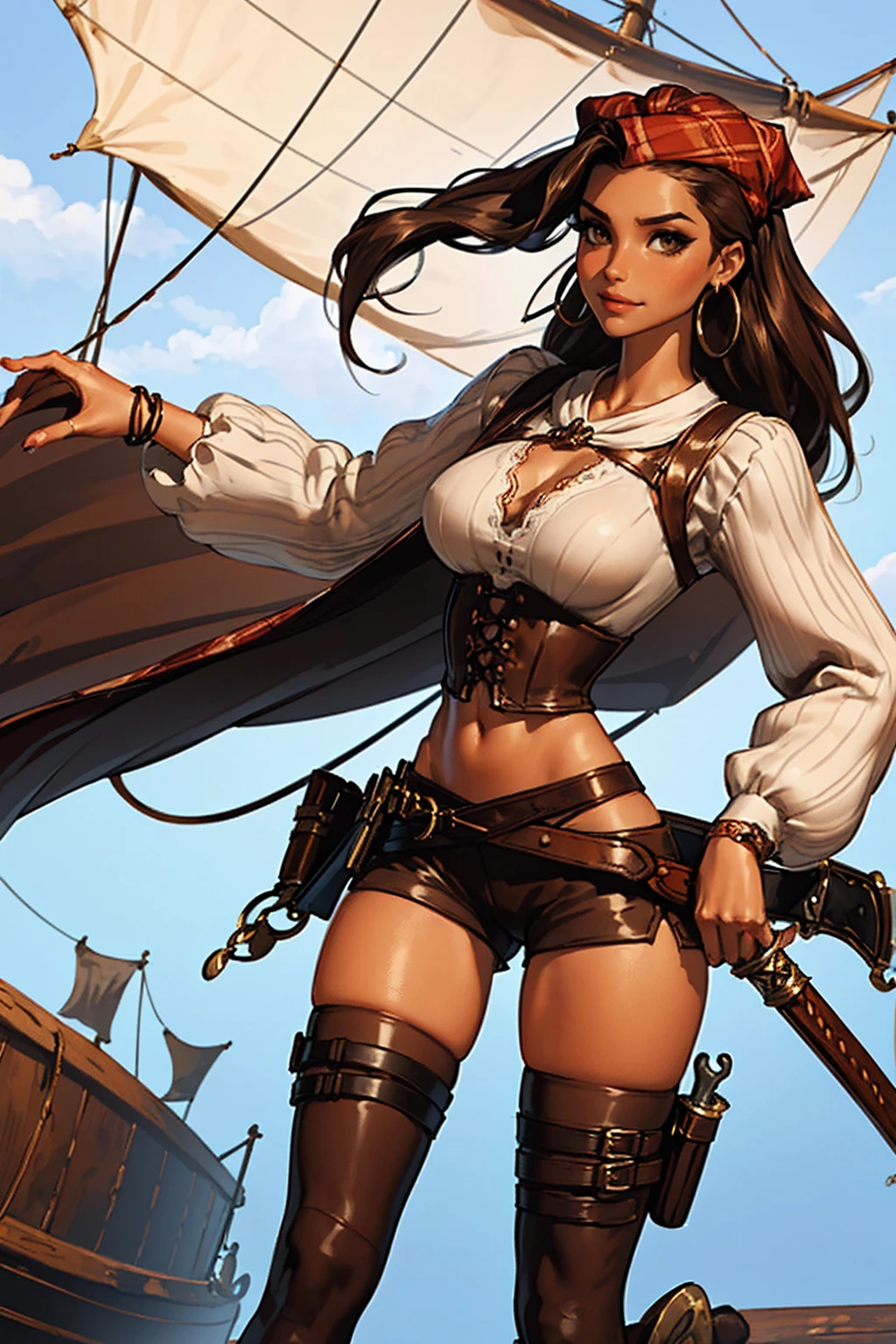 (masterpiece), best quality, expressive eyes, perfect face, (pirate ship background), (standing), (smirk), (closeup view), (1girl, vanessa alessia, dark skin, tanned skin, brown hair, wavy hairstyle, brown eyes, hourglass figure, thin body, skinny body, petite_body, medium breasts, thick thighs, long fingernails, brown plaid head wrap, white front lace blouse, long sleeve, loose fit, brown leather corset, brown leather shorts, brown boots, sheathed cutlass sword, flintlock pistol in holster, hoop earrings, miscellaneous jewelry)