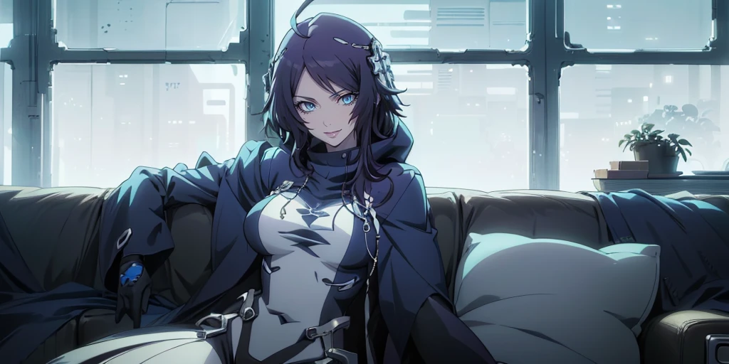 MC, ahoge, (long hari, purple hair:1.3), hair ornament, dark-blue eyes, anatomically correct, heavy breathing, huge breasts, breast press, solo, solo focus, masterpiece, best quality, 1girl, solo, grey hair, bodysuit, official bodysuit, cape, (hood:1.3), (detailed body, detailed face:1.5), (horizon:1.3), a woman in a black lingerie sitting on a couch in a room with a window and potted plants, transgressive art, cyberpunk art, Fan Qi, anime art, hollow eyes, bright pupils, dark-blue eyes, looking at viewer. glowing eyes heavy breathing, seductive smile, lips, 