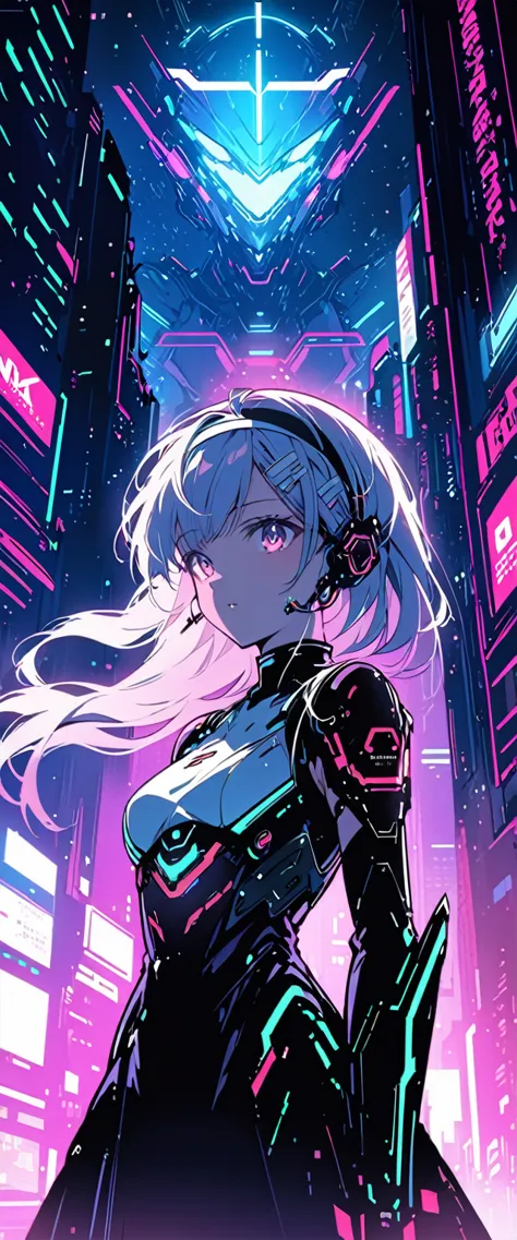 Anime girl in a dress and headband standing in front of a building, digital Cyberpunk anime art, Digital Cyberpunk - Anime Art, ...