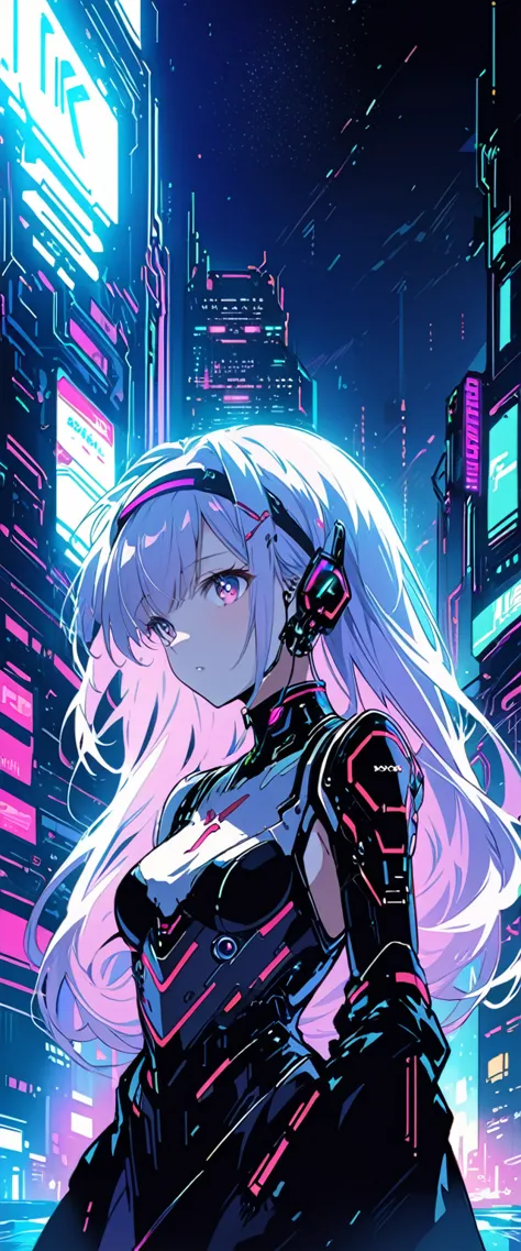 Anime girl in a dress and headband standing in front of a building, digital Cyberpunk anime art, Digital Cyberpunk - Anime Art, ...