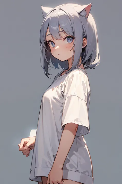Simple Illustration,One girl, That will happen, View Viewer, Gray Hair, there is nothing, Cat ear, Cat&#39;s Tail, White shirt, ...