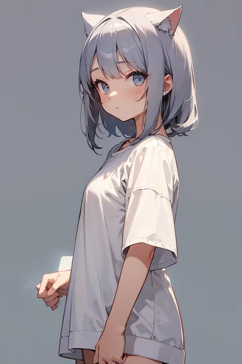 simple illustration,one girl, that will happen, view viewer, gray hair, there is nothing, cat ear, cat&#39;s tail, white shirt, ...