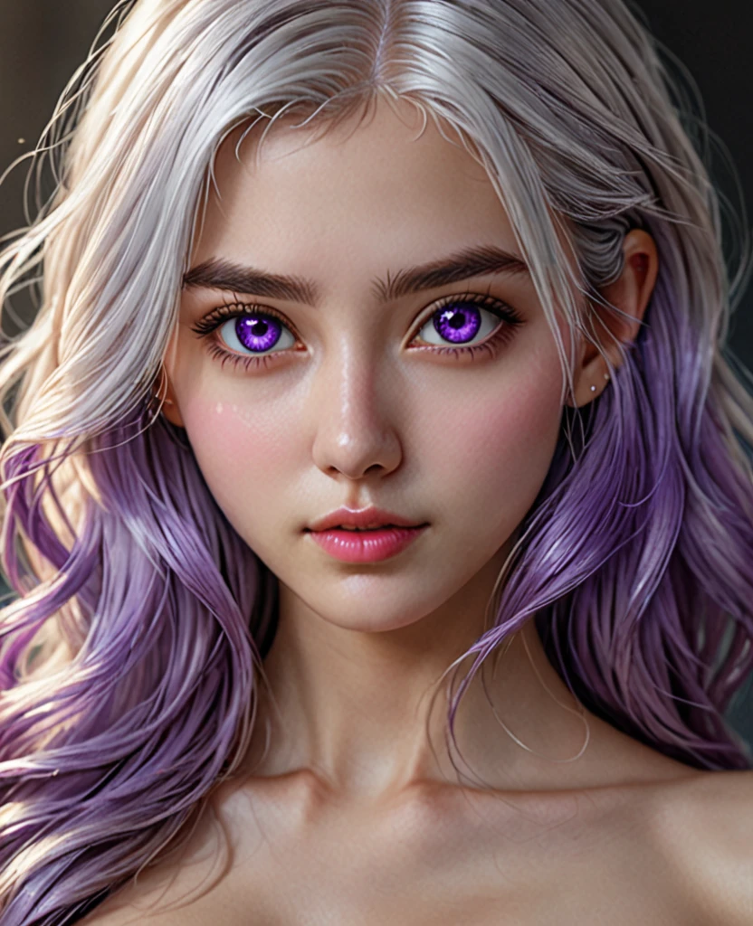  (hyperrealistic), (illustration), (high resolution), (8K), (extremely detailed), (best illustration), (beautiful detailed eyes), (best quality), (ultra-detailed), (masterpiece), (wallpaper), (photorealistic), (natural light), (detailed face), (high detailed realistic skin texture), (anatomically correct), (solo), (1 girl:1.52), (high detailed realistic hair), (white hair:1.35), (heterochromic eyes), (detailed eyes), (purple eyes:1.37), (sparkling eyes), (realistic huge breasts:1.53), (slender abs), (dynamic pose), (closed tiny mouth:1.3), (concentrated expression), (upon body from head to thigh:1.51), (dimple:1.34)