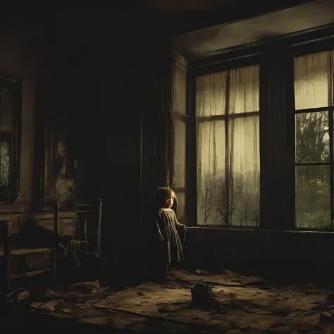 (masterpiece, Best quality:1.2), horror scene,  Children with BLACK eyes outside the window,