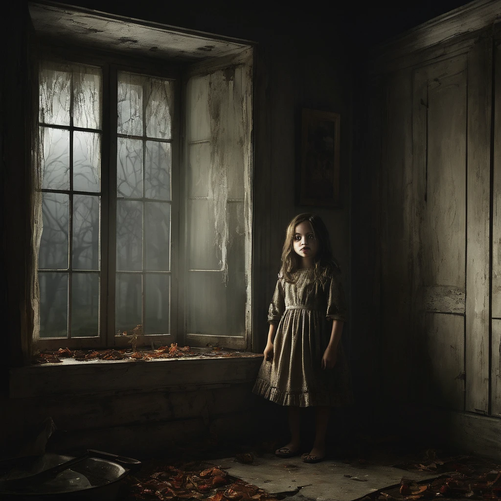 (masterpiece, Best quality:1.2), horror scene,  Children with BLACK eyes outside the window,