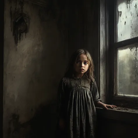 (masterpiece, Best quality:1.2), horror scene,  Children with BLACK eyes outside the window,