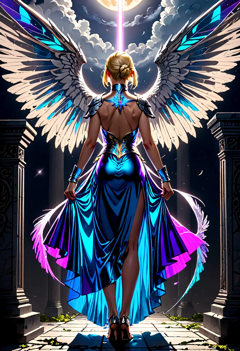 (a back view model shot taken from the rear: 1.5), aasimar, female, (Masterpiece, intense details: 1.3), female, paladin, holy warrior, short blond hair, determined face, full body, armed with sword, holy symbol, (wings sprouting from the back: 1.3) spread large feathered wings, majestic wings, white angelic wings, moon light, moon, stars, clouds, cemetery background, anatomically correct (Masterpiece, intense details: 1.3), god rays, cinematic lighting, glowing light, photorealism, panoramic view, Wide-Angle, Ultra-Wide Angle, 16k, highres, best quality, high details, ultra detailed, masterpiece, best quality, (extremely detailed), arafed, dnd art, armored dress