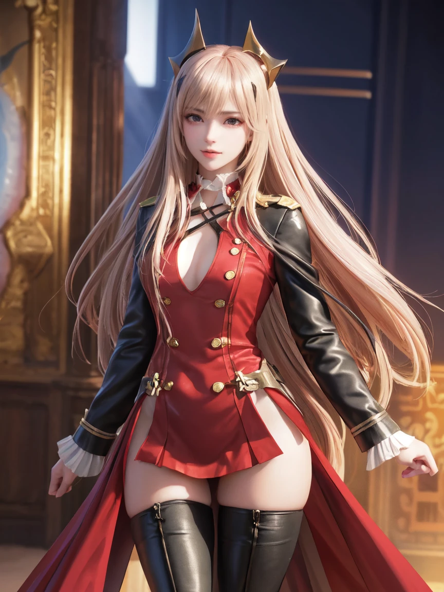 king, 8k, masterpiece, bset quality, girl wearing sexy military officer outfit, tight pants, fishnet stockings, wide-brimmed officer-style trench coat. white leather luxury, glossy, sexy girl fantasy anime artwork, fantasy anime illustration, 8k badass anime, 4k anime art wallpaper, 4k anime art wallpaper, artwork 2.5 d cgi fantasy anime art, 8k anime art wallpapers, detailed digital anime art, beautiful fantasy anime, majestic epic anime artwork, 4k anime wallpapers, artwork detailed anime, sexy, seductive, giant, women, anime style, best quality, extremely detailed, best silhouette), font (detail) backdrop, dark fantasy), (beautifully detailed face), high contrast, (best lighting details, extremely delicate and beautiful eyes), ((cinematic lights)), colorful, super detailed, dramatic lighting statue, intricate details (1 girl, solo, sharp face, . Blonde, super long hair, bangs, long eyelashes, dynamic angles),
