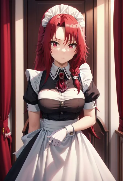 best quality, red hair,red eyes,masterpiece, highres, solo, (maid:1.40), (long maid dress:1.15),