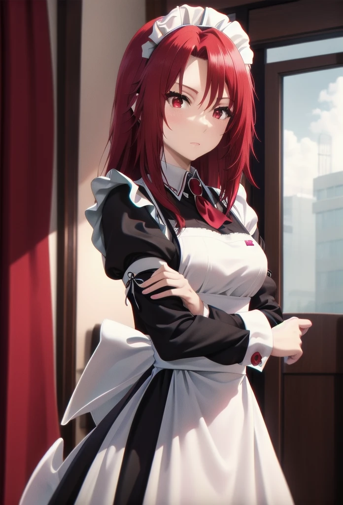 best quality, red hair,red eyes,masterpiece, highres, solo, (maid:1.40), (long maid dress:1.15),
