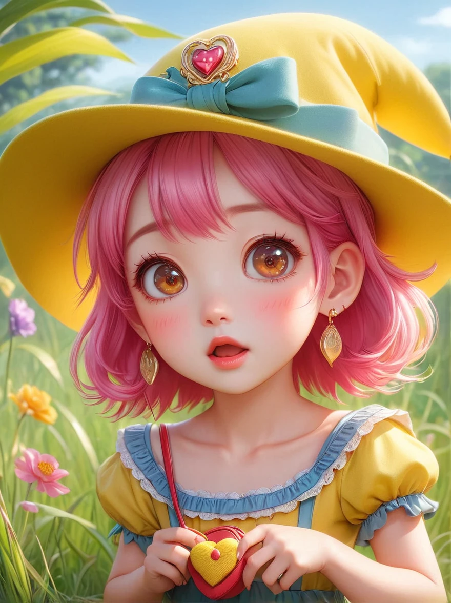 (Little)，(masterpiece, highest quality, highest quality, Official Art, beautifully、aesthetic:1.2), Cute Goddess IP,Require,Little face,Grass,Red scar, Mischievous expression,Beautiful dress, Cute cartoon diagonal shoulder bag, Pink Hair, Yellow patterned wool hat, 1fkxc1
