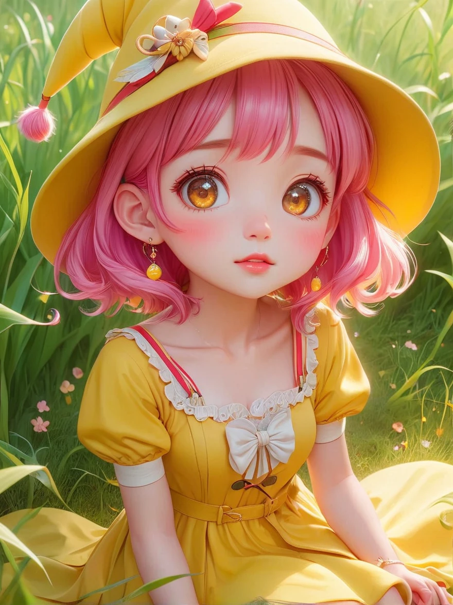 (Little)，(masterpiece, highest quality, highest quality, Official Art, beautifully、aesthetic:1.2), Cute Goddess IP,Require,Little face,Grass,Red scar, An emotional expression,Beautiful dress, Cute cartoon diagonal shoulder bag, Pink Hair, Yellow patterned wool hat, 1fkxc1
