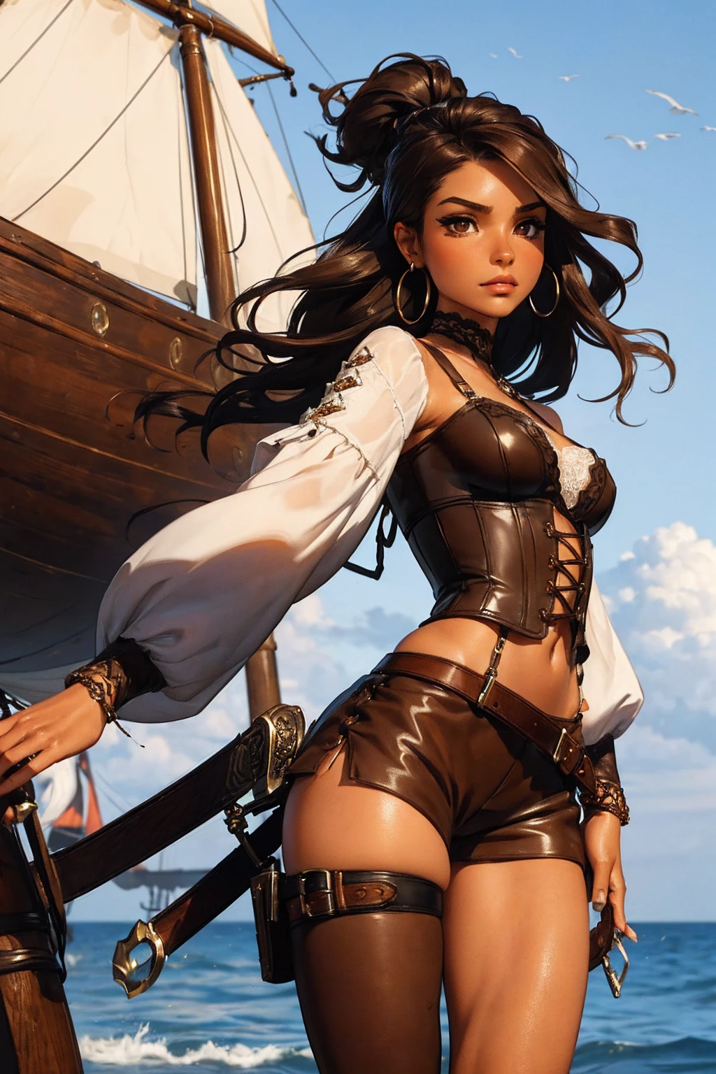 (masterpiece), best quality, expressive eyes, perfect face, (pirate ship background), (standing), (smirk), (closeup view), (1girl, vanessa alessia, dark skin, tanned skin, brown hair, wavy hairstyle, brown eyes, hourglass figure, thin body, skinny body, petite_body, medium breasts, thick thighs, long fingernails, brown plaid head wrap, white front lace blouse, long sleeve, loose fit, brown leather corset, brown leather shorts, brown boots, sheathed cutlass sword, flintlock pistol in holster, hoop earrings, miscellaneous jewelry)