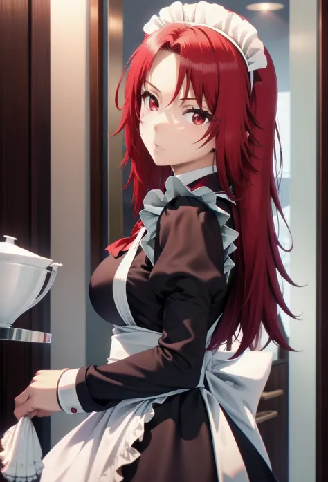 best quality, red hair,red eyes,masterpiece, highres, solo, (maid:1.40), (short maid dress:1.15),
