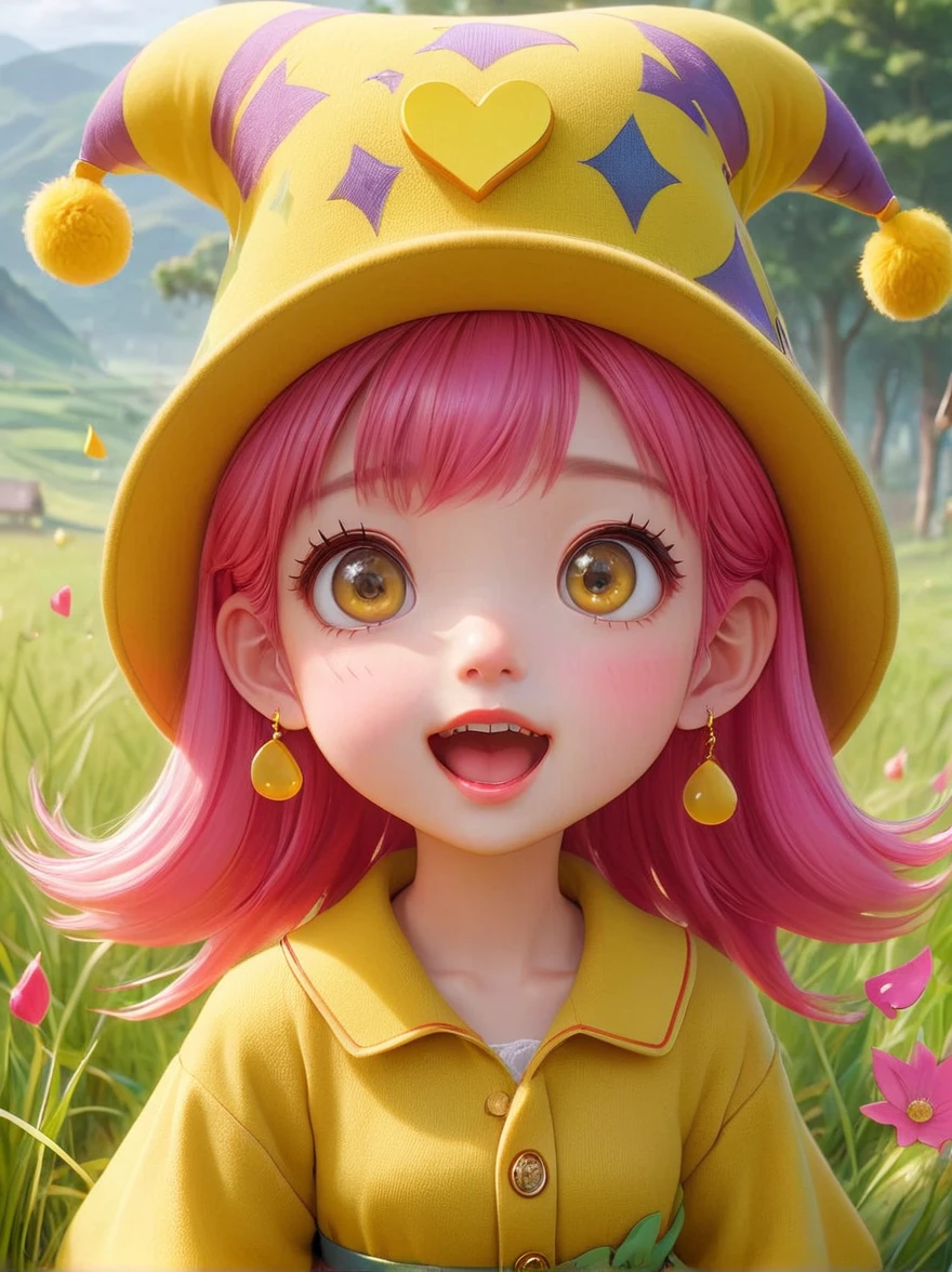 (Little)，(masterpiece, highest quality, highest quality, Official Art, beautifully、aesthetic:1.2), Cute Goddess IP,Require,Little face,Grass,Red scar, Funny expression,Beautiful dress, Cute cartoon diagonal shoulder bag, Pink Hair, Yellow patterned wool hat, 1fkxc1
