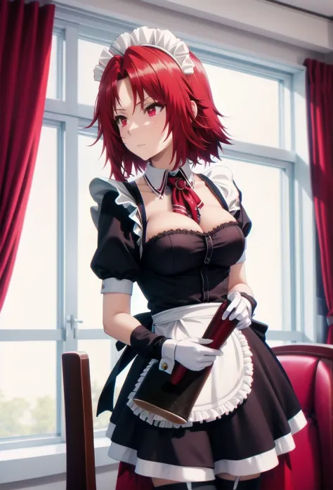 best quality, red hair,red eyes,masterpiece, highres, solo, (maid:1.40), (short sexy maid dress:1.15),clavage

