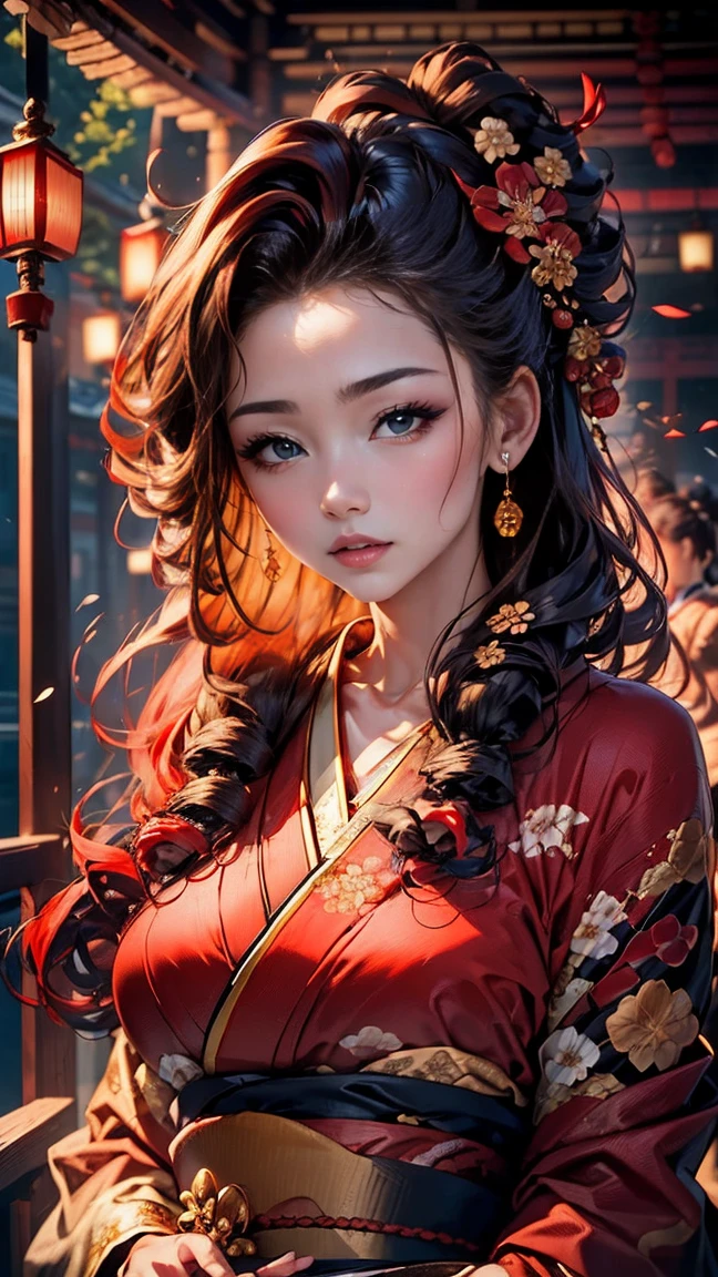 highest quality、masterpiece、8k、Realistic、超High resolution、Very delicate and beautiful、High resolution、Cinema Lighting、Face close-up、Perfect female body、Opposition、Looking at the audience、((Oiran、Gorgeous kimono、Vibrant colors、embroidery、band、hairpin、((High hair:1.6))、Gorgeous hair ornament、Powder Makeup、red lips、Delicate hand movements、Graceful posture))、Parade、On the tatami、golden screen、Folding fan、Tents、Traditional beauty、A fleeting expression、smoke tube、Elegant atmosphere、Historical background、Night scene、Glossiness、Elegance、Bewitching Charm