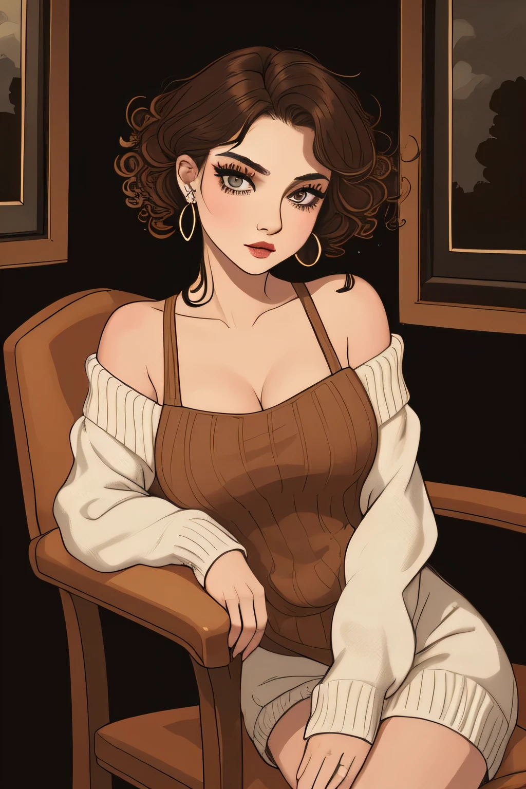 Amazing portrait of a sexy woman with a feral look in her eyes as she's sitting back in her chair with one leg crossed over the other wearing an oversized sweater that is showcasing her bare shoulders and her cleavage her brown hair is curly and messy and her makeup is elegant and sexy wearing elegant earrings and the overall atmosphere is intimate