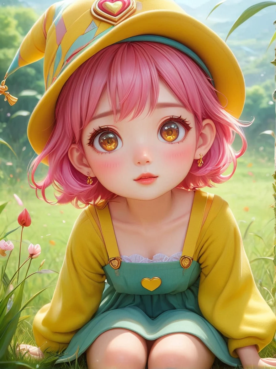 (Little)，(masterpiece, highest quality, highest quality, Official Art, beautifully、aesthetic:1.2), Cute Goddess IP,Require,Little face,Grass,Red scar, Refreshing look,Beautiful dress, Cute cartoon diagonal shoulder bag, Pink Hair, Yellow patterned wool hat, 1fkxc1
