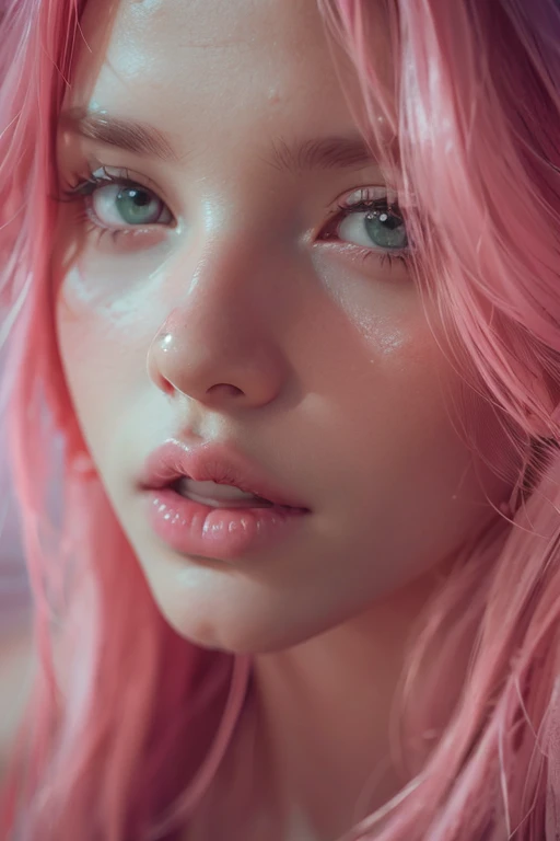 young woman, short shoulder-length pink hair, wide forehead, porcelain skin, pink eyebrows, big emerald green eyes, buttoned nose, full lips, heart-shaped face, slender body, small breasts, red tank top, Sakura Haruno , realistic, realism, details, 3d, well detailed
