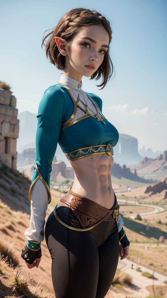 (Muscular:1.5), (thick thighs:1.5), 
princess_zelda_aiwaifu, pointy ears, braid, hair ornament, hairclip, fingerless gloves, blue shirt, long sleeves, crown braid, bangs, pants,  green eyes, parted bangs, short hair, sidelocks, thick eyebrows,  tight pants, 
hard nipples, (small breasts:0.8),
eyeshadow, lipstick, midriff,
looking at viewer, (three quarter view:1.3), (upper body view:1.4),
rim lighting, detailed skin, detailed eyes, grassy field