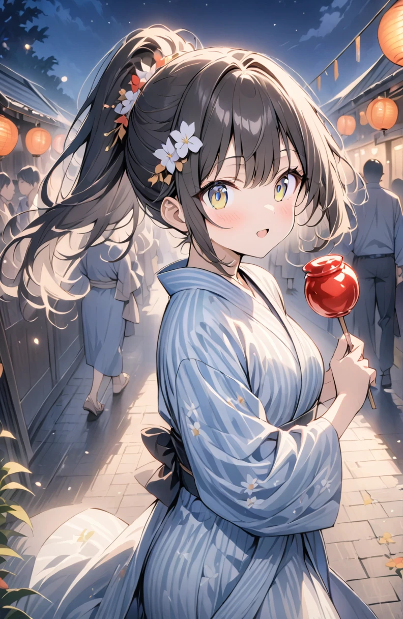 (masterpiece:1.2),(anime),、girl、cute、Black Hair、ponytail、hair ornaments、Girl wearing yukata、((Holding a candy apple in her hand)),Night stalls、Festivals、summer night、Light production、Beautiful artwork、Detailed drawing