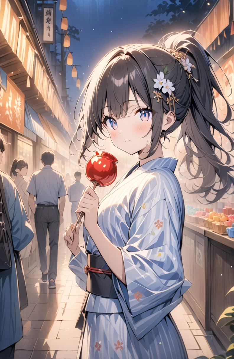 (masterpiece:1.2),(anime),、girl、cute、Black Hair、ponytail、hair ornaments、Girl wearing yukata、((Holding a candy apple in her hand)),Night stalls、Festivals、summer night、Light production、Beautiful artwork、Detailed drawing