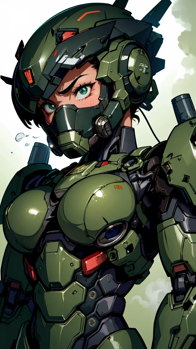 最high quality非常に詳細, Advanced Details, high quality, 最high quality, High resolution, 1080p, hard disk, beautiful,(War Machine),(Snug-fitting headgear),See the big picture,beautifulサイボーグ女性,Dark Green Mecha Cyborg Girl,Battle Mode,Mecha Body Girl　8k dark green body armor　Elementary school girl　Sweaty face　Droopy eyes　short hair　Gas mask with extension nozzle　boyish　Steam coming out of my head　My hair is wet with sweat　Black Hair, Steam coming out of the mouth　No exposed skin　Character Focus　Only the eyes are exposed