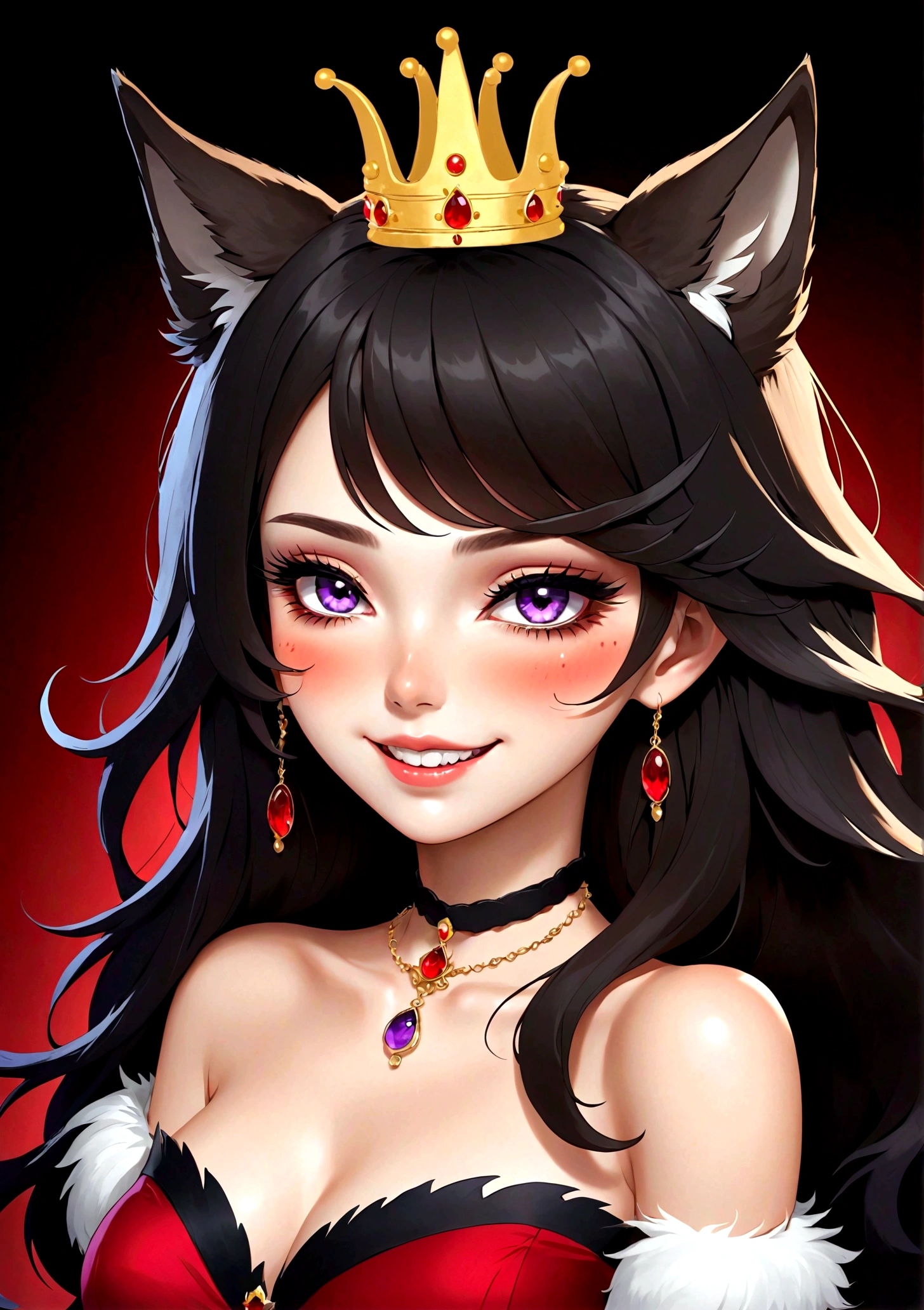 Beautiful girl beauty mole，A small black dot on the cheek，(((She has a beauty spot:1.37)))，Purple Eyes，Delicate lashes，laughing out loud，Fangs，Smooth skin，Long black hair，Wolf ears， Small Crown，Red dress with fur collaerce gray wolf background。Correct human anatomy