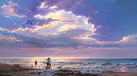 Painting of a woman riding a bicycle on the beach near the sea, inspired Lads, Concept Art | Rad, Makoto Shinkai. —h 2160, Lads,...
