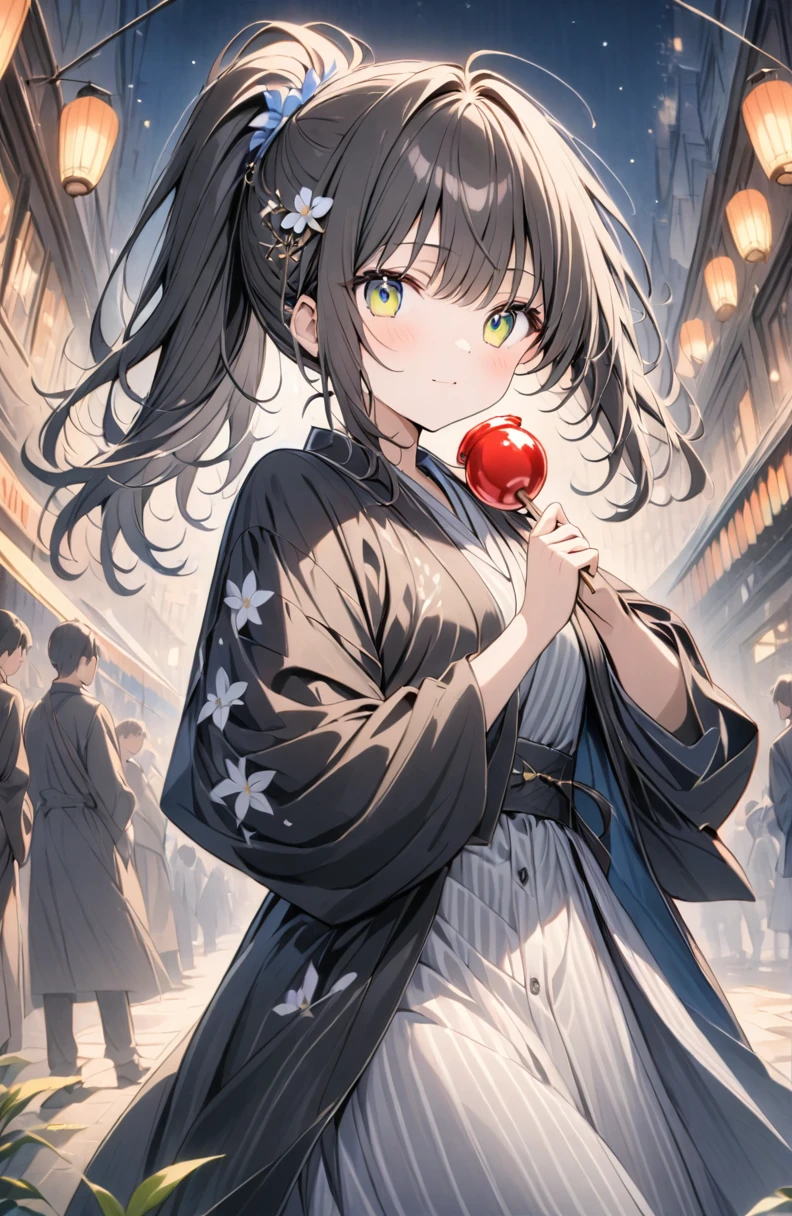 (masterpiece:1.2),(anime),、girl、cute、Black Hair、ponytail、hair ornaments、Girl wearing yukata、((Holding a candy apple in her hand)),Night stalls、Festivals、summer night、Light production、Beautiful artwork、Detailed drawing、A Scene of Youth、Fisheye Lens、Close-up